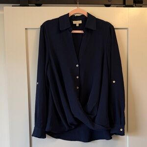 Dark Blue Button Down Shirt with Faux-Wrap Front